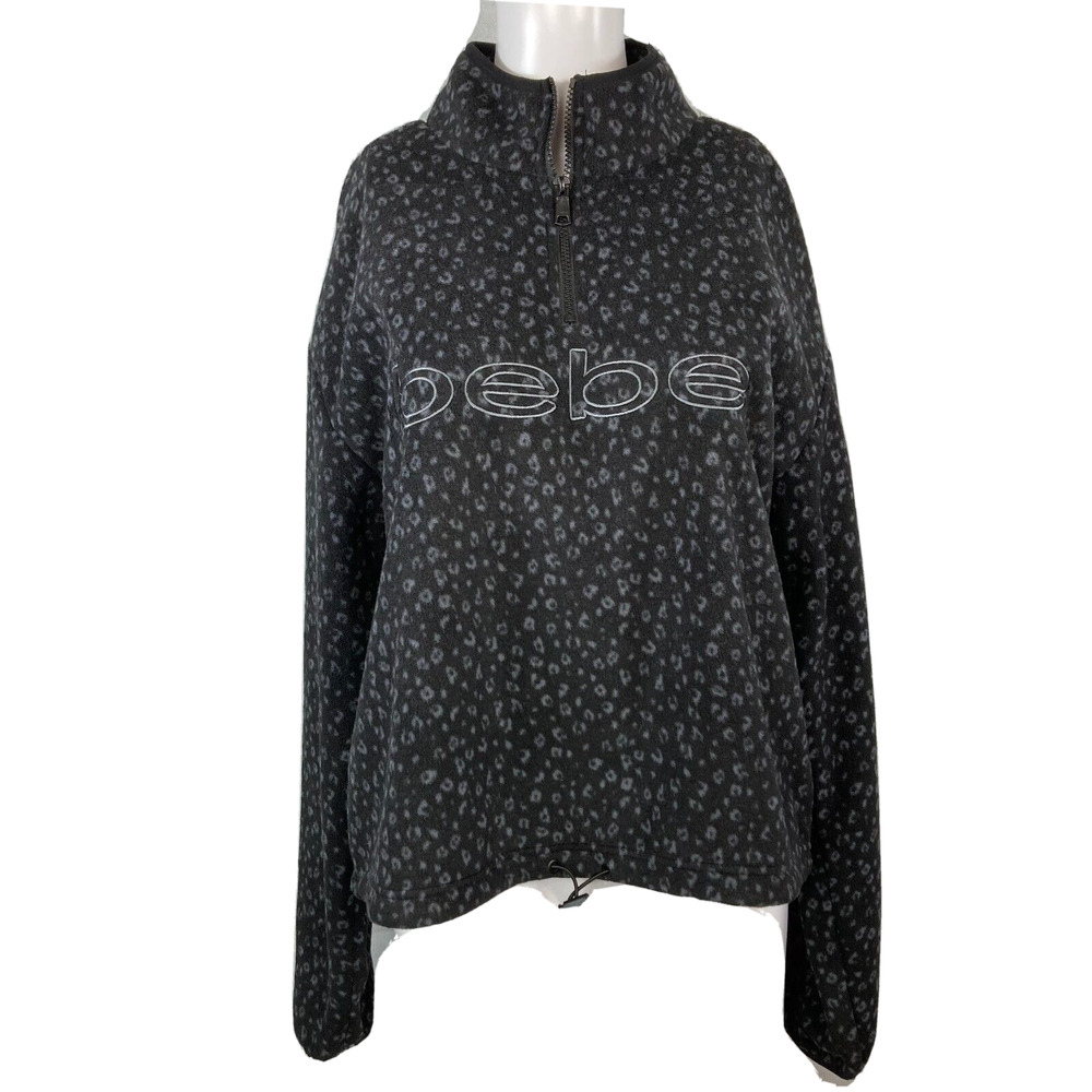 Bebe Sport Pullover‎ Jacket Womens Sz M Black Gray Leopard Fleece 1/4 Zip LOGO